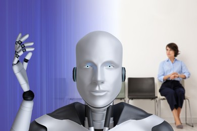 Image of Robot recruiter and candidate in room. Artificial intelligence in human resources management