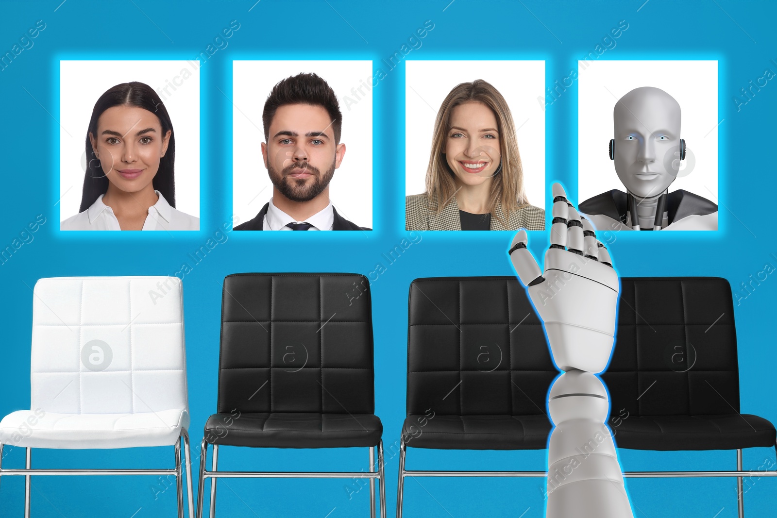 Robot recruiter choosing candidate. Photos of people on virtual screen above chairs against light blue background. Artificial intelligence in human resources management Image of Robot recruiter choosing candidate. Photos of people on virtual screen above chairs against light blue background. Artificial intelligence in human resources management