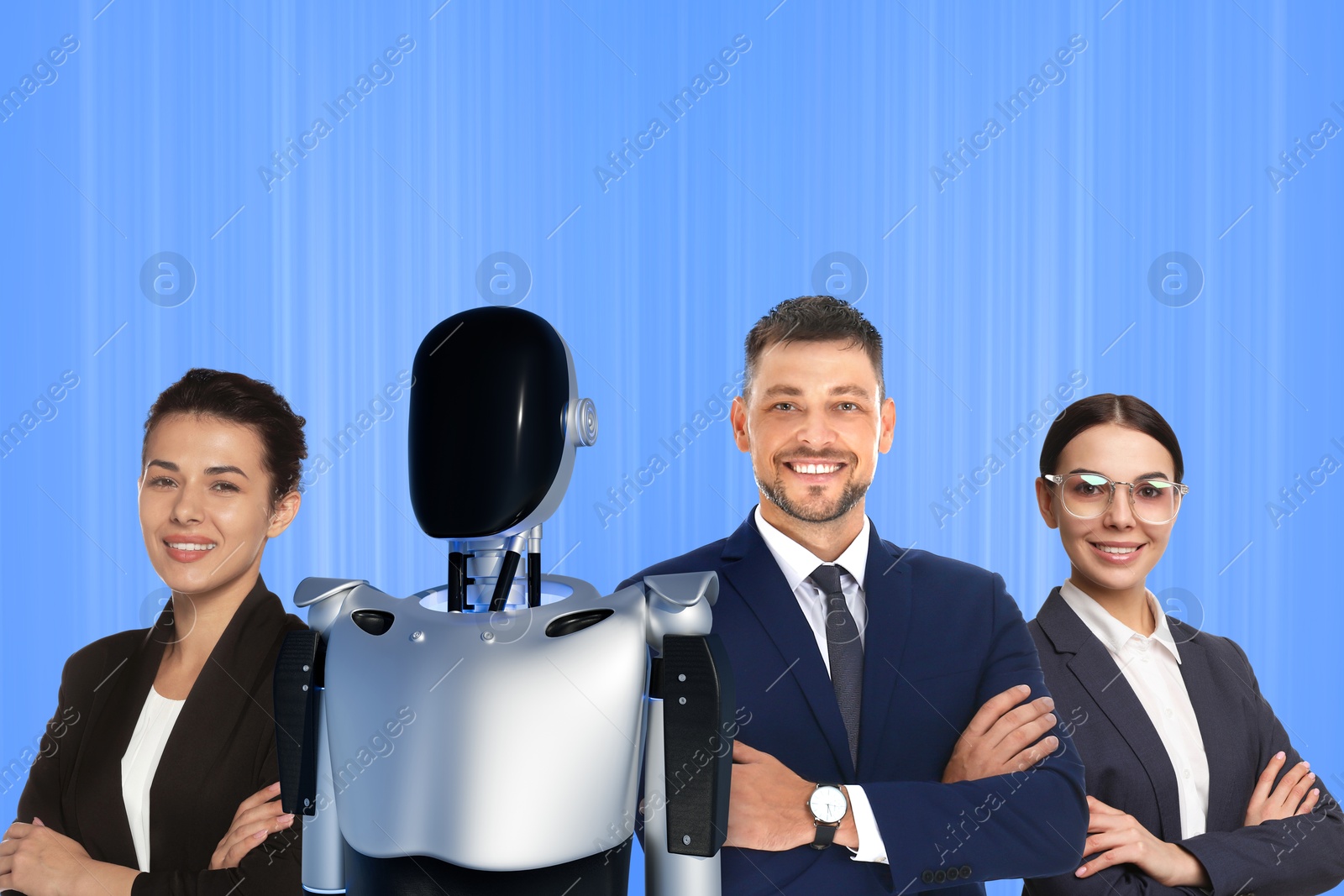 Team of recruiters with robot against light blue background. Artificial intelligence in human resources management Image of Team of recruiters with robot against light blue background. Artificial intelligence in human resources management