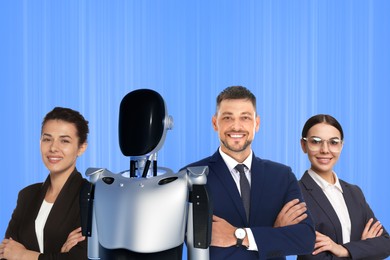 Image of Team of recruiters with robot against light blue background. Artificial intelligence in human resources management