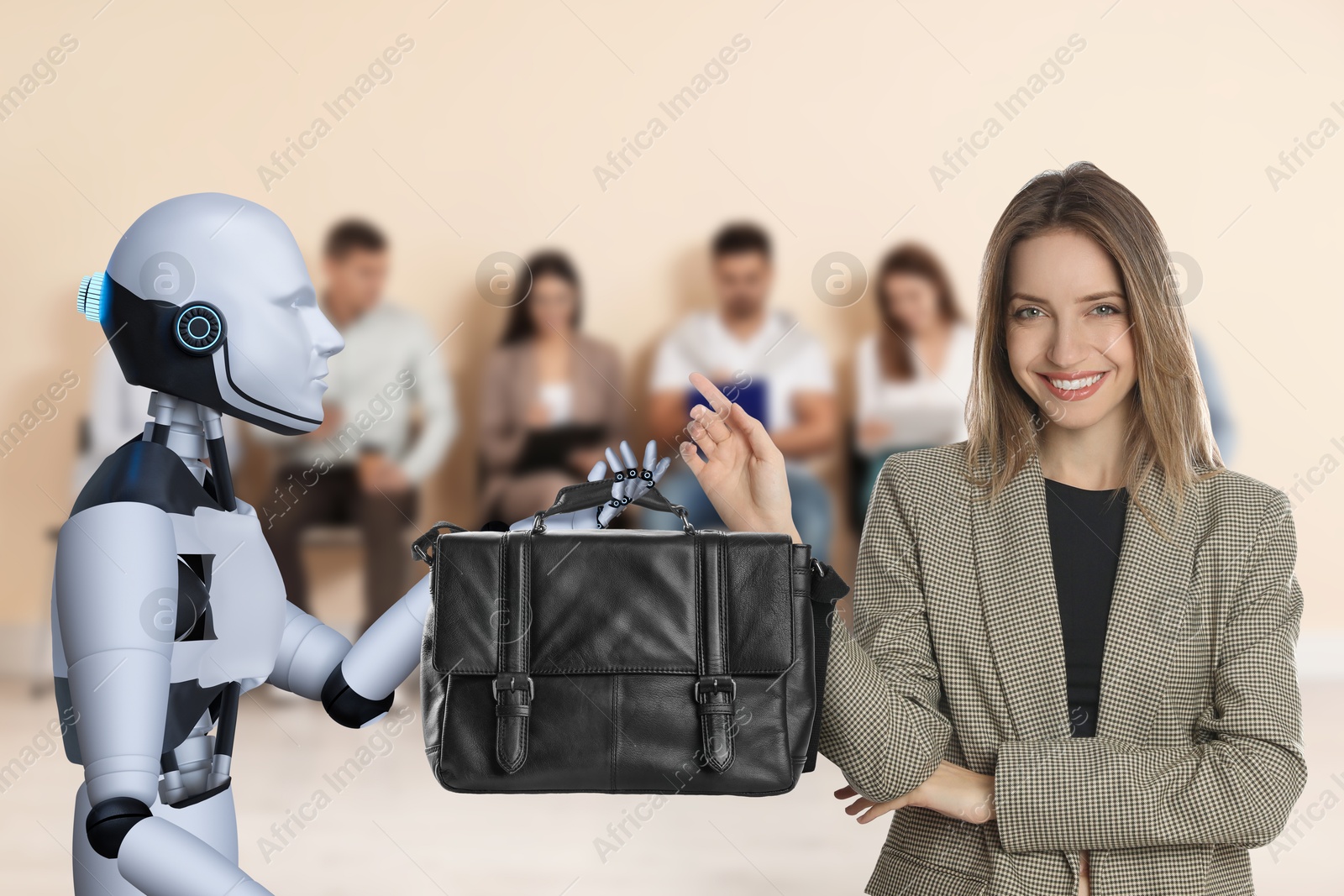 Robot recruiter giving bag to candidate in room. Artificial intelligence in human resources management Image of Robot recruiter giving bag to candidate in room. Artificial intelligence in human resources management