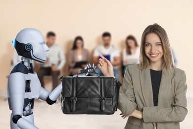Image of Robot recruiter giving bag to candidate in room. Artificial intelligence in human resources management