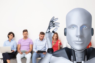 Image of Robot recruiter and candidates in room. Artificial intelligence in human resources management