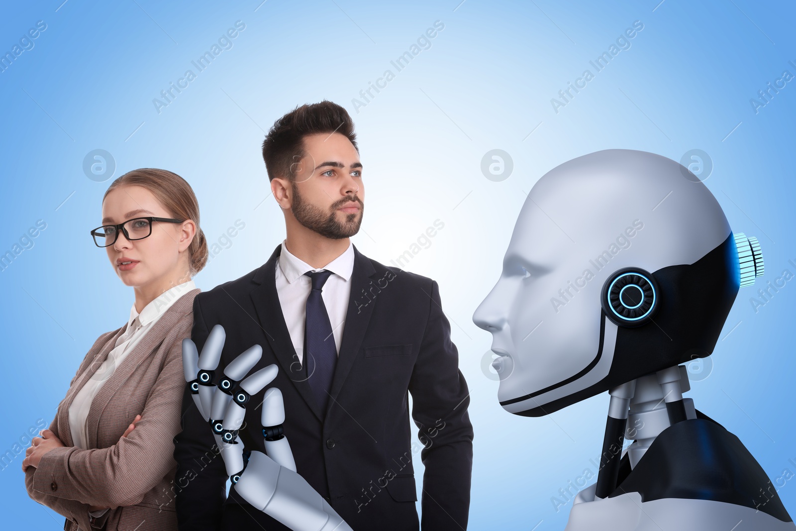 Robot recruiter and human candidates on blue gradient background. Artificial intelligence in human resources management Image of Robot recruiter and human candidates on blue gradient background. Artificial intelligence in human resources management