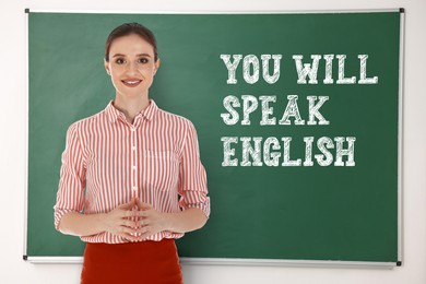 Image of Teacher near green chalkboard with text You Will Speak English. Language course