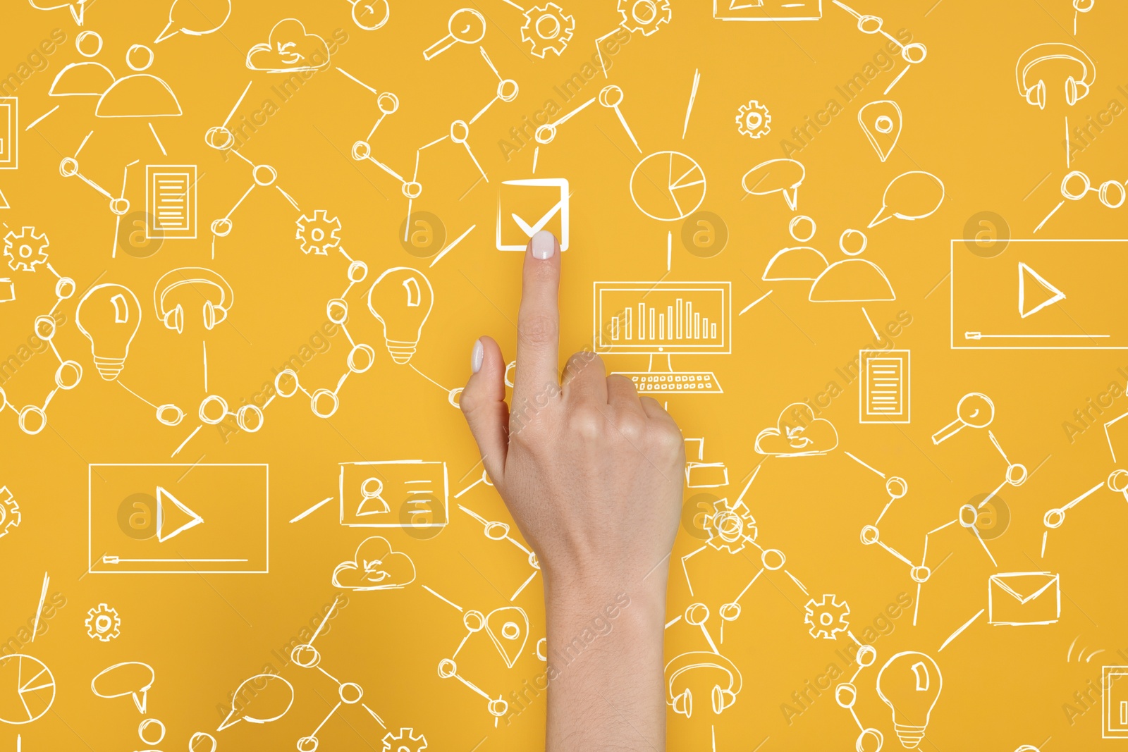 Image of Woman putting tick into checkbox on virtual screen with scheme against orange background, closeup