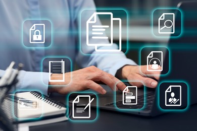 Image of Woman working on laptop at table, closeup, Different document icons on virtual screen