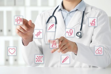 Image of Doctor using virtual screen with healthcare icons in office, closeup