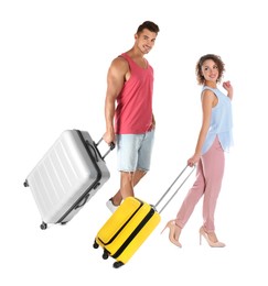 Image of Couple with suitcases walking on white background