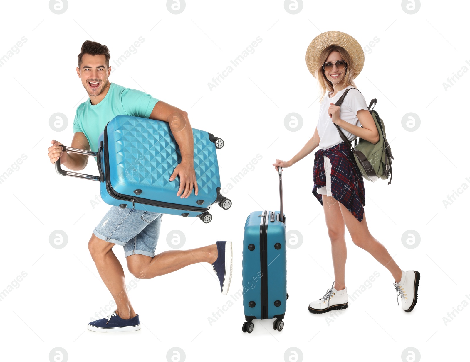 Man and woman with suitcases on white background Image of Man and woman with suitcases on white background