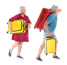 Image of Senior couple with suitcases on white background