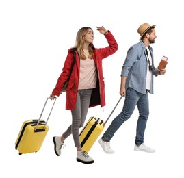 Image of Couple with suitcases walking on white background