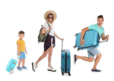 Image of Man, woman and little boy with suitcases on white background