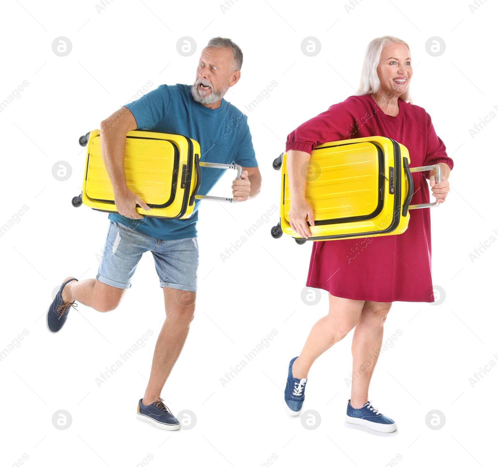 Senior couple with suitcases on white background Image of Senior couple with suitcases on white background