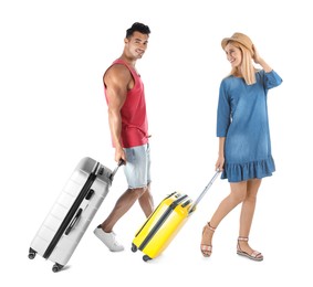 Image of Man and woman with suitcases on white background