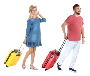 Image of Couple with suitcases walking on white background