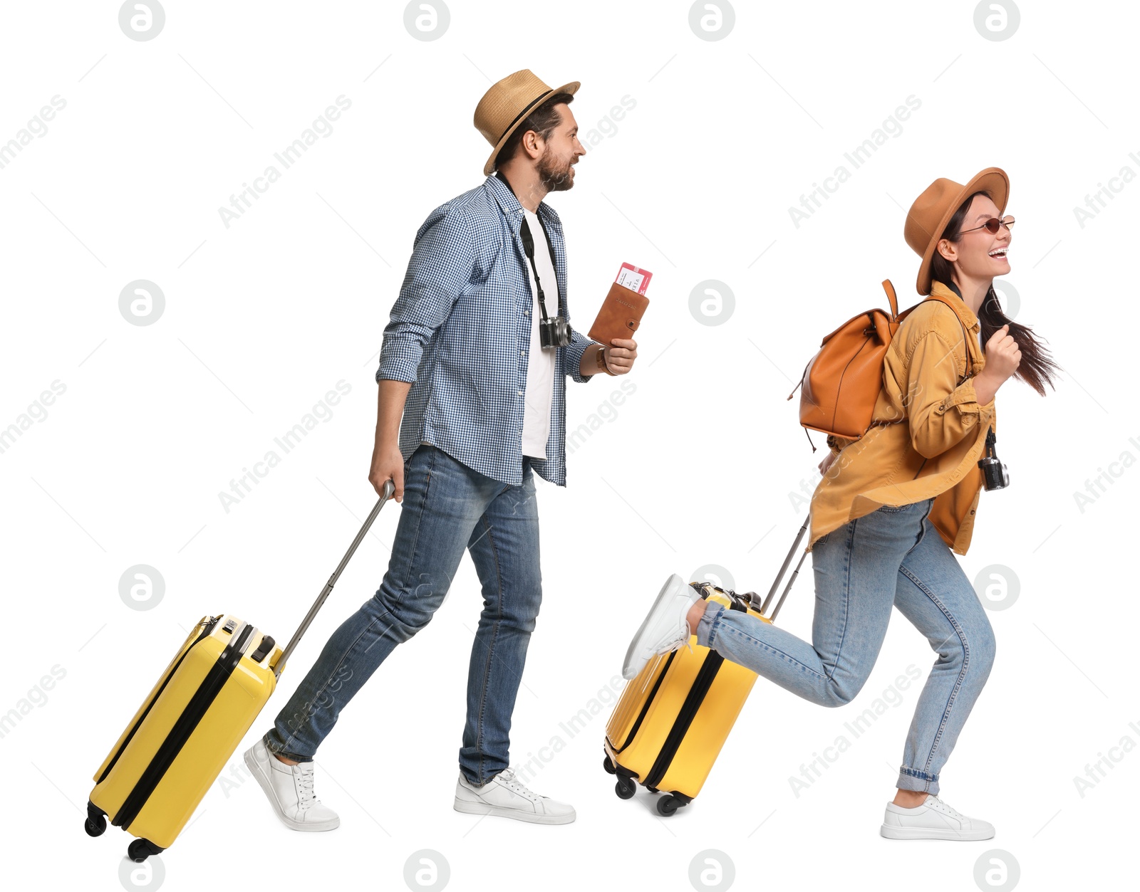Man and woman with suitcases on white background Image of Man and woman with suitcases on white background