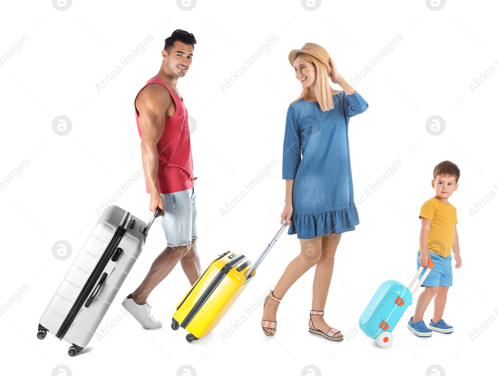Man, woman and little boy with suitcases on white background Image of Man, woman and little boy with suitcases on white background