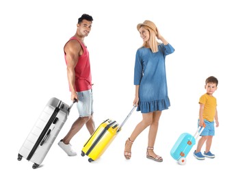 Image of Man, woman and little boy with suitcases on white background