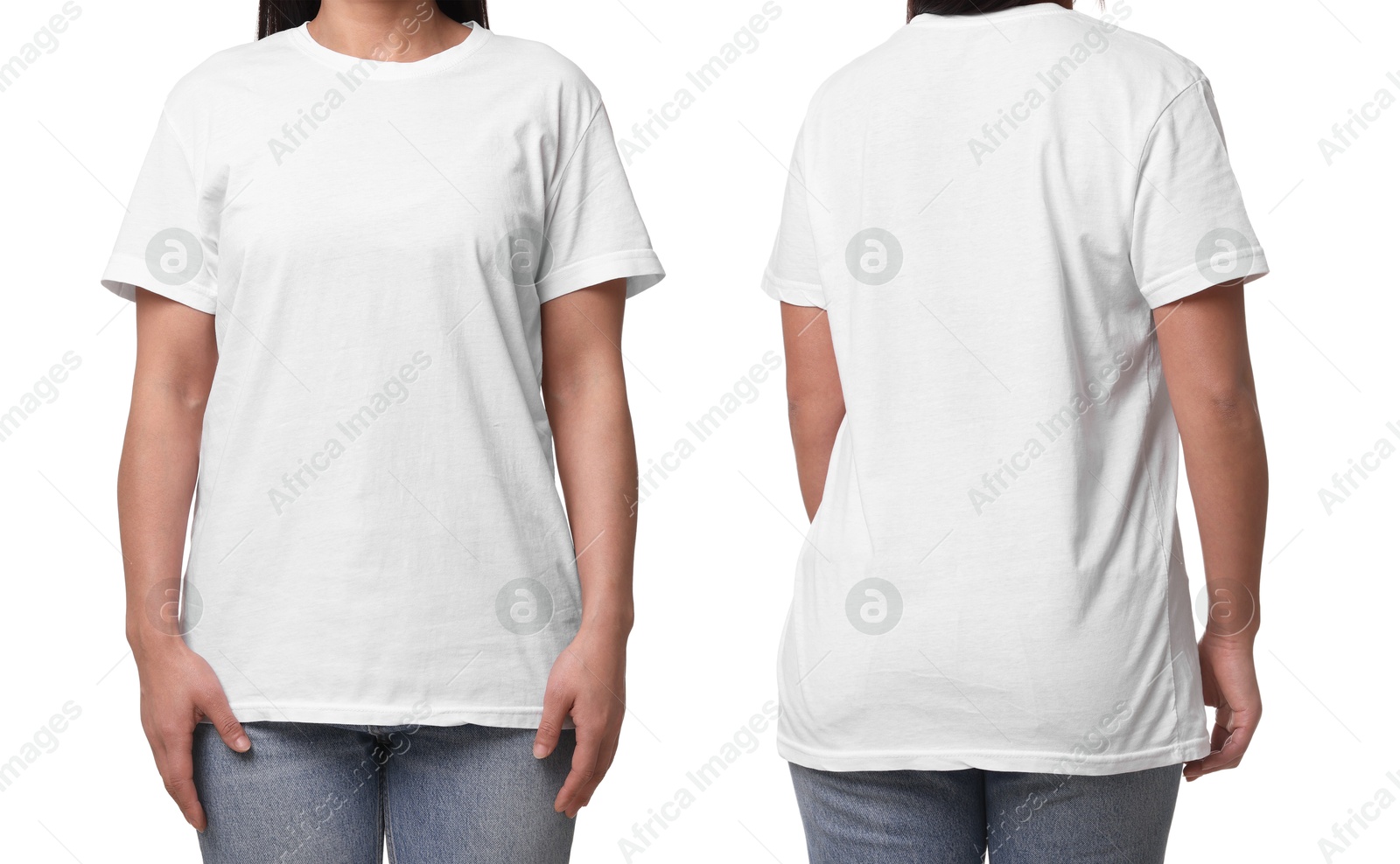 Woman in white t-shirt on white background, closeup. Back and front view. Mockup for design Image of Woman in white t-shirt on white background, closeup. Back and front view. Mockup for design