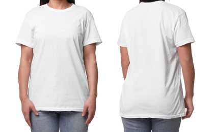 Image of Woman in white t-shirt on white background, closeup. Back and front view. Mockup for design
