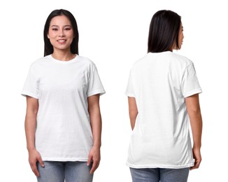 Image of Woman in white t-shirt on white background. Back and front view. Mockup for design