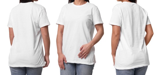 Image of Woman in white t-shirt on white background, closeup. Back and front view. Mockup for design