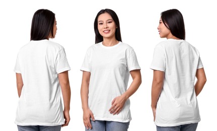 Image of Woman in white t-shirt on white background. Back and front view. Mockup for design