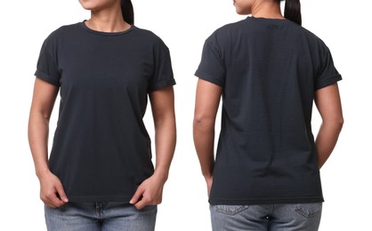 Image of Woman in dark t-shirt on white background, closeup. Back and front view. Mockup for design