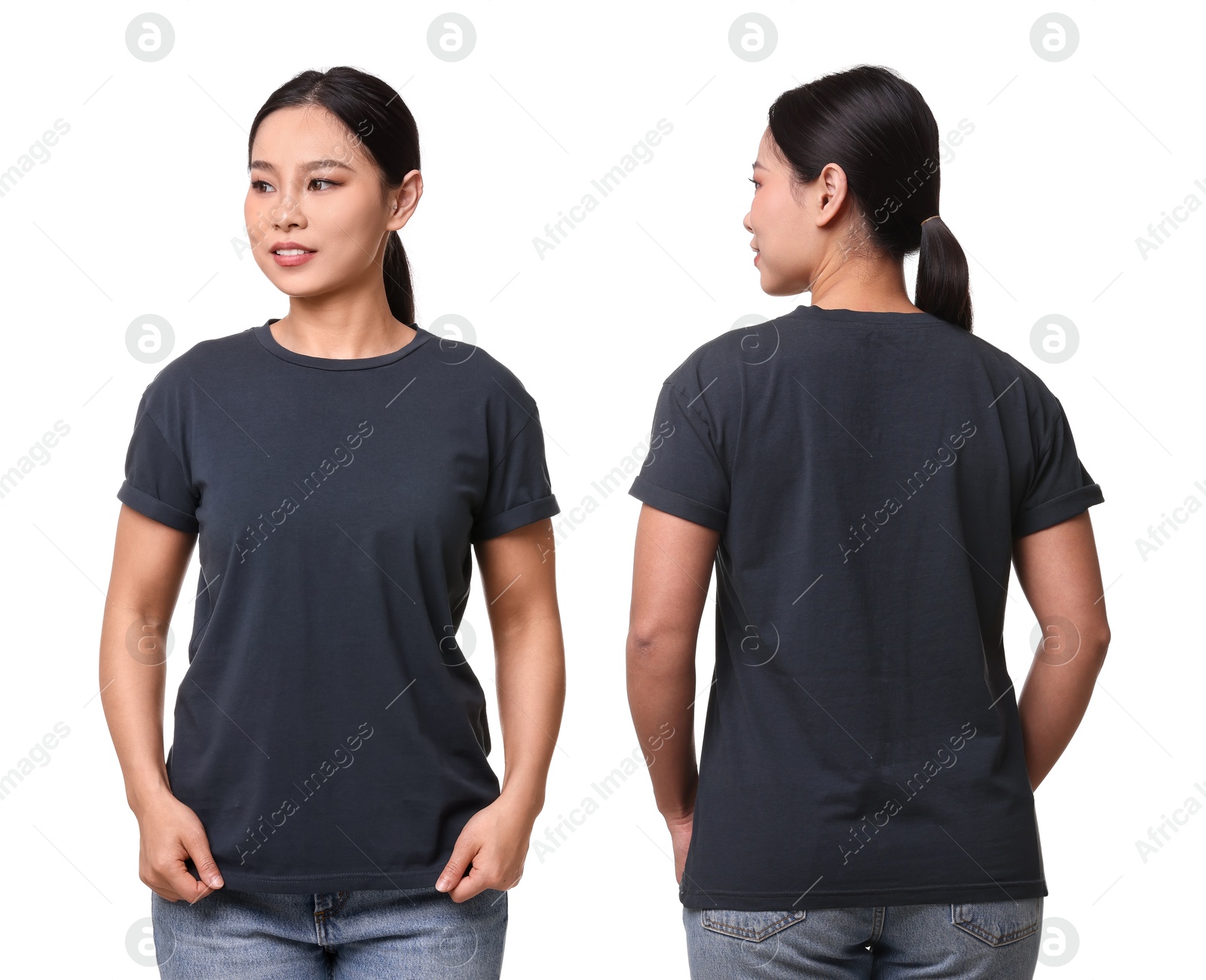 Image of Woman in dark t-shirt on white background. Back and front view. Mockup for design