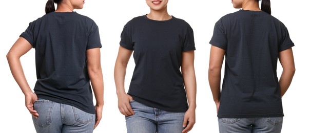 Image of Woman in dark t-shirt on white background, closeup. Back and front view. Mockup for design