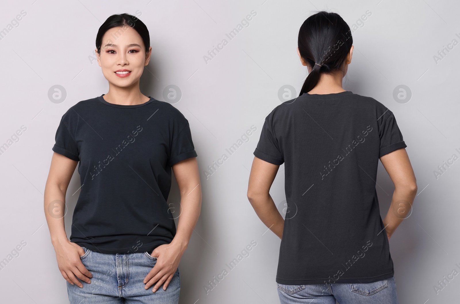 Woman in dark t-shirt on grey background. Back and front view. Mockup for design Image of Woman in dark t-shirt on grey background. Back and front view. Mockup for design