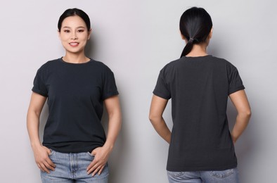 Image of Woman in dark t-shirt on grey background. Back and front view. Mockup for design