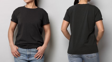 Image of Woman in dark t-shirt on grey background, closeup. Back and front view. Mockup for design