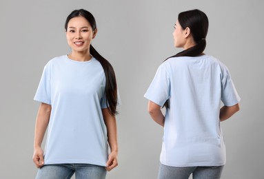 Image of Woman in light blue t-shirt on grey background. Back and front view. Mockup for design