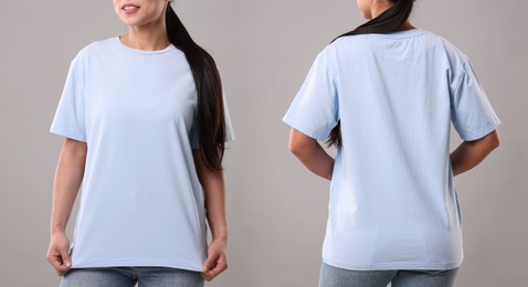 Image of Woman in light blue t-shirt on grey background, closeup. Back and front view. Mockup for design