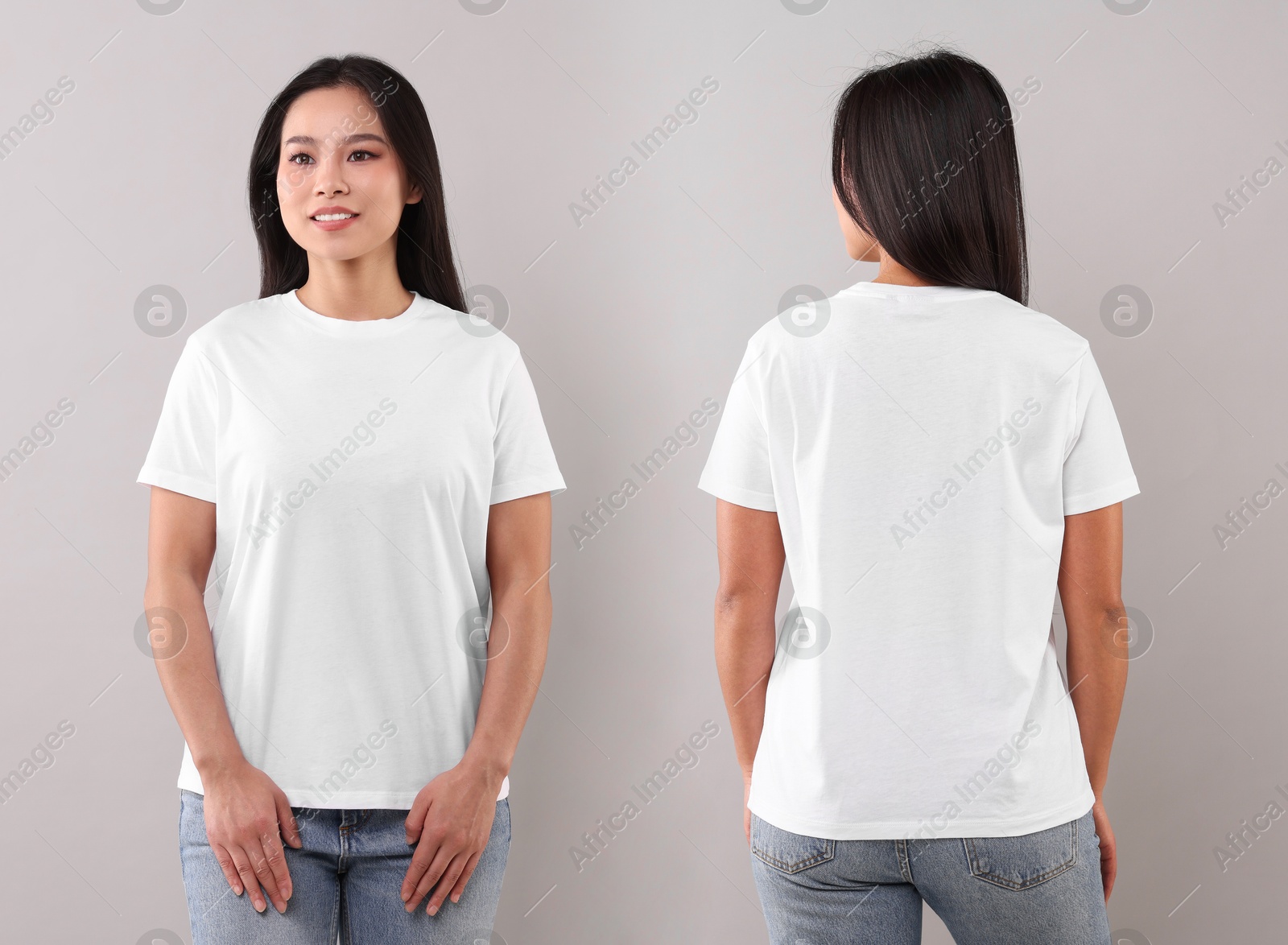 Image of Woman in white t-shirt on grey background. Back and front view. Mockup for design