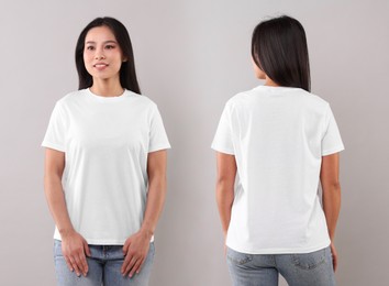 Image of Woman in white t-shirt on grey background. Back and front view. Mockup for design