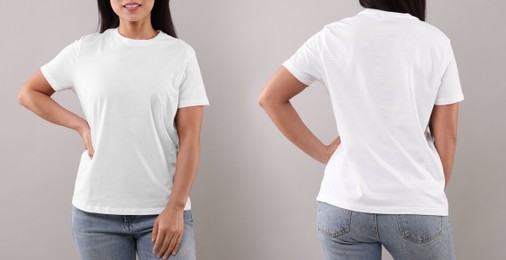 Image of Woman in white t-shirt on grey background, closeup. Back and front view. Mockup for design