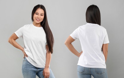 Image of Woman in white t-shirt on grey background. Back and front view. Mockup for design