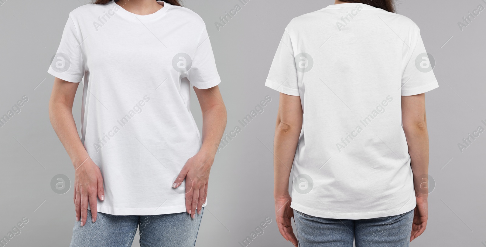 Woman in white t-shirt on grey background, closeup. Back and front view. Mockup for design Image of Woman in white t-shirt on grey background, closeup. Back and front view. Mockup for design