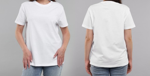 Image of Woman in white t-shirt on grey background, closeup. Back and front view. Mockup for design