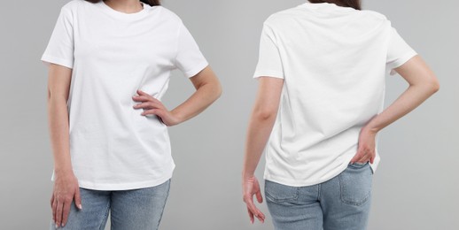 Image of Woman in white t-shirt on grey background, closeup. Back and front view. Mockup for design