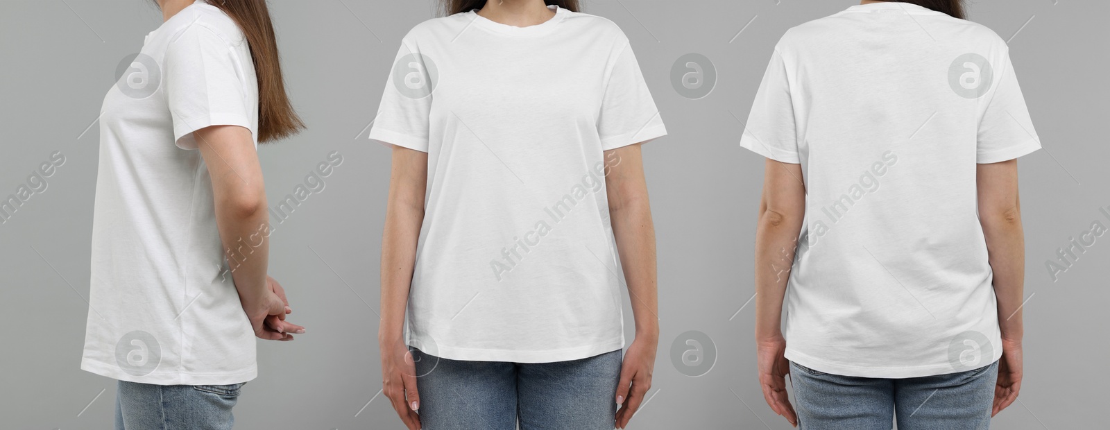Woman in white t-shirt on grey background, closeup. Back, side and front view. Mockup for design Image of Woman in white t-shirt on grey background, closeup. Back, side and front view. Mockup for design
