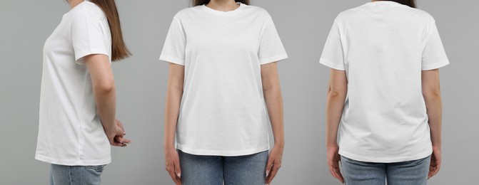 Image of Woman in white t-shirt on grey background, closeup. Back, side and front view. Mockup for design