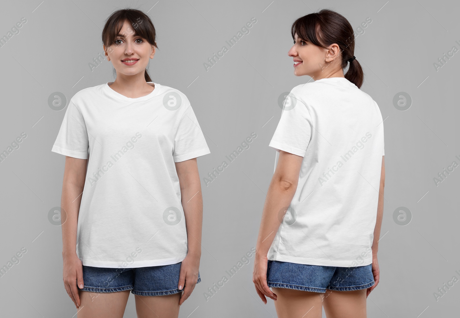 Woman in white t-shirt on grey background. Back and front view. Mockup for design Image of Woman in white t-shirt on grey background. Back and front view. Mockup for design