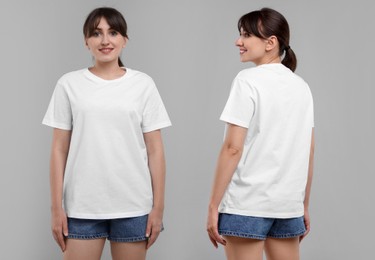Image of Woman in white t-shirt on grey background. Back and front view. Mockup for design
