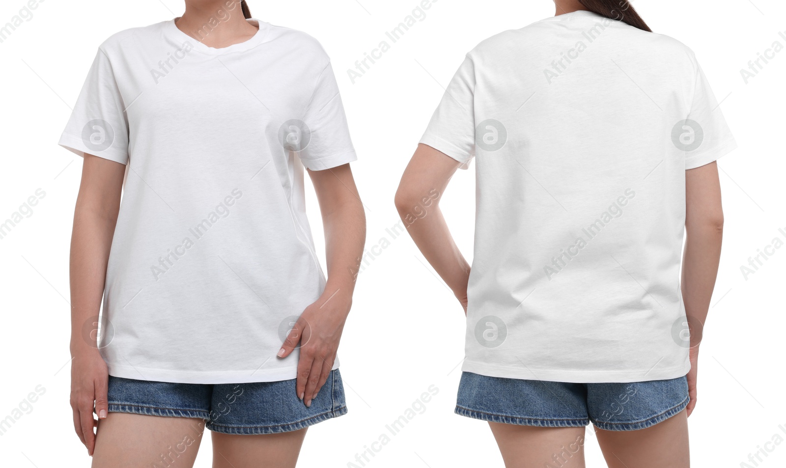 Woman in white t-shirt on white background, closeup. Back and front view. Mockup for design Image of Woman in white t-shirt on white background, closeup. Back and front view. Mockup for design