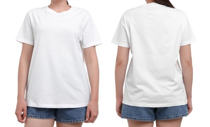 Image of Woman in white t-shirt on white background, closeup. Back and front view. Mockup for design