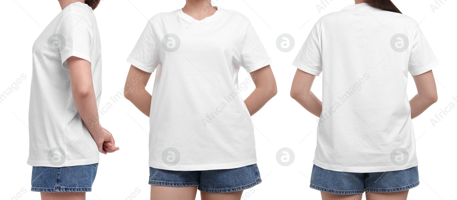 Woman in white t-shirt on white background, closeup. Back, side and front view. Mockup for design Image of Woman in white t-shirt on white background, closeup. Back, side and front view. Mockup for design